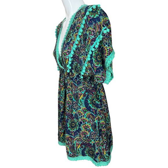 America & Beyond Bohemian Empire Waist Paisley Pom Pom Swim Cover Up Large - Picture 3 of 10